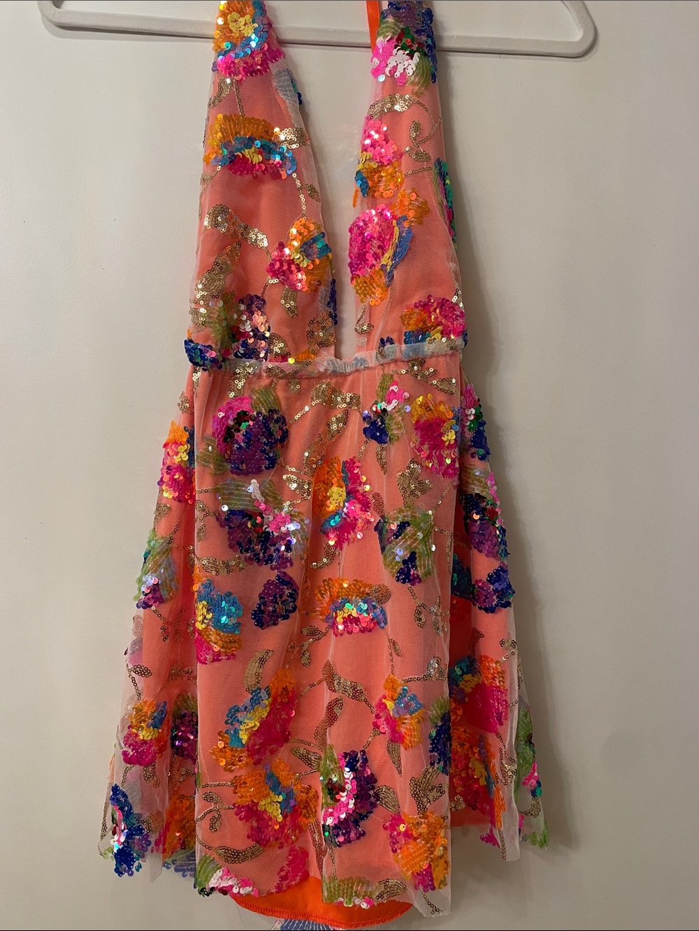 Coral Sequin Floral Halter Party Dress